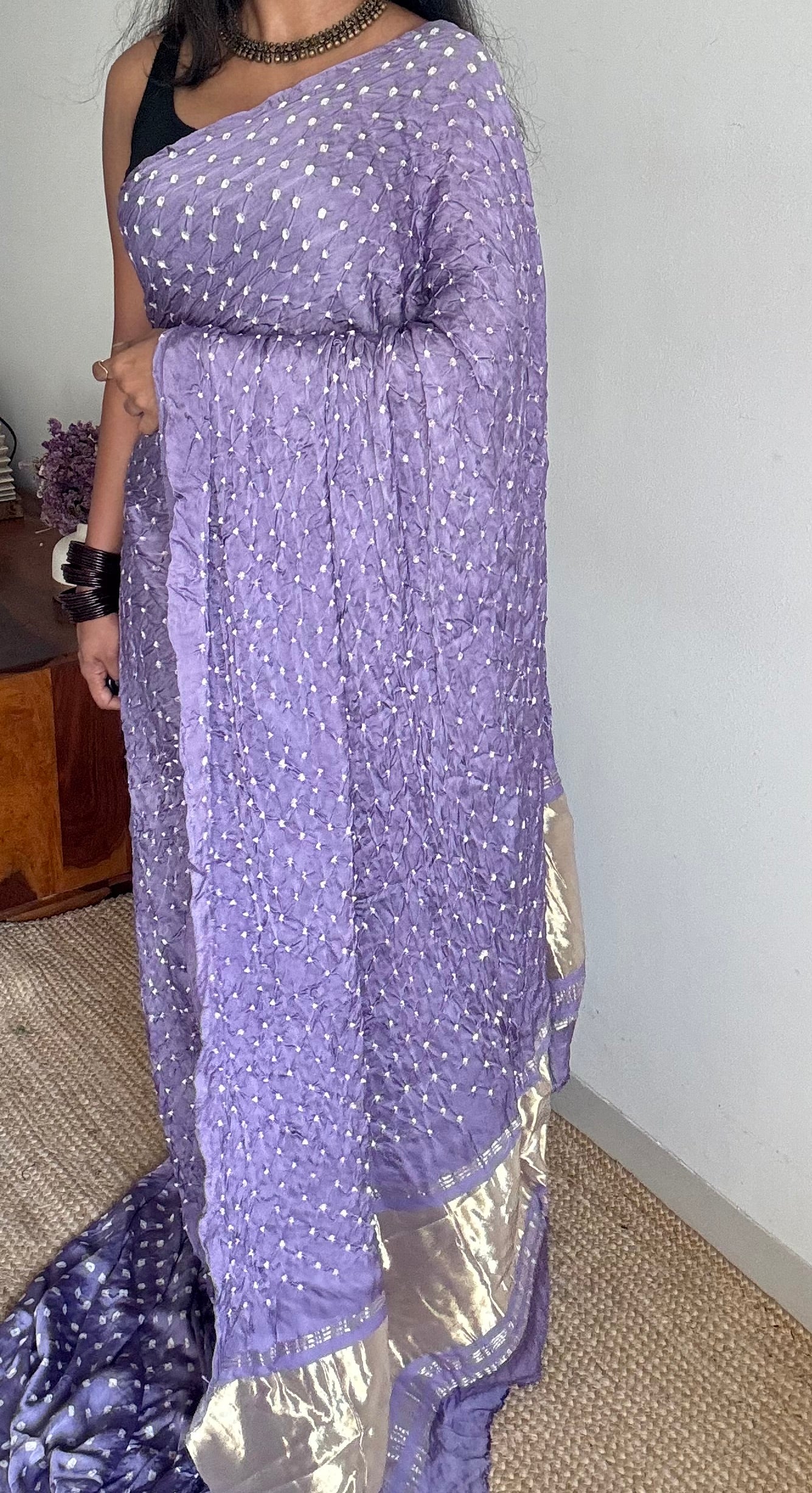 Lavender, crushed bandhej pure modal silk saree with lagdi patta zari pallu - YCTOKBM331
