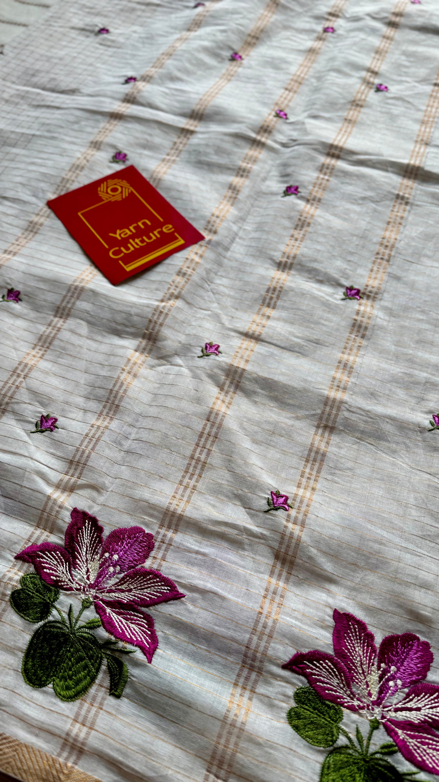 Sruthi : Mandaram - purple pink floral embroidery, ivory & gold, soft cotton in mini checks - YCIEON166