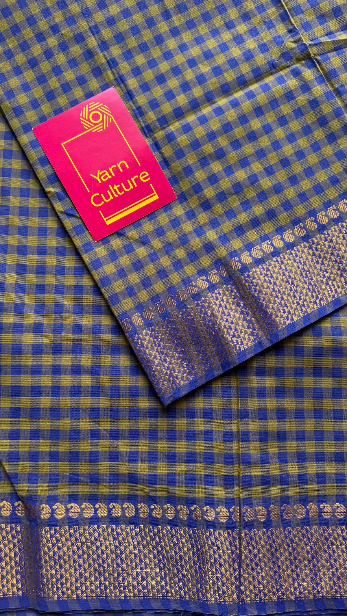 Chettinad cotton saree with green and blue checks, zari motif border - YCCOTNCKSE46