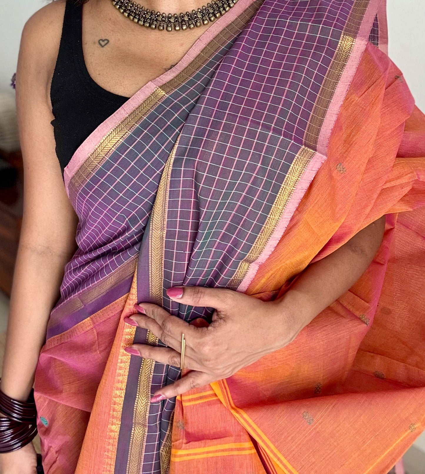 Orange pink dual tone and dark greyish blue contrast, Chettinad cotton saree with checkered border - YCCOTNMA273