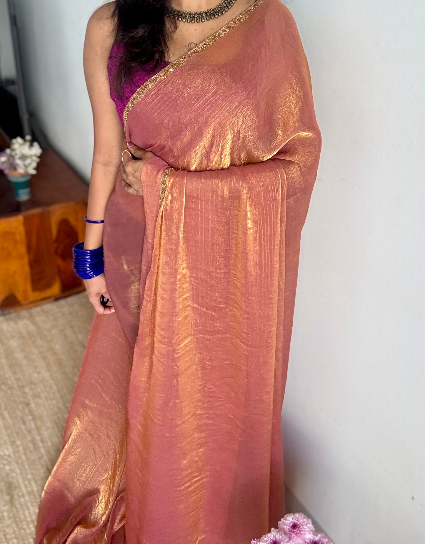 Sunset Burst - pink orange hues, metallic dual tone space silk, embellished border - YCDOSDE58