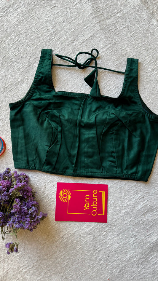 Dark green sleeveless cotton silk stitched blouse, back open, non-padded - YCSESB70
