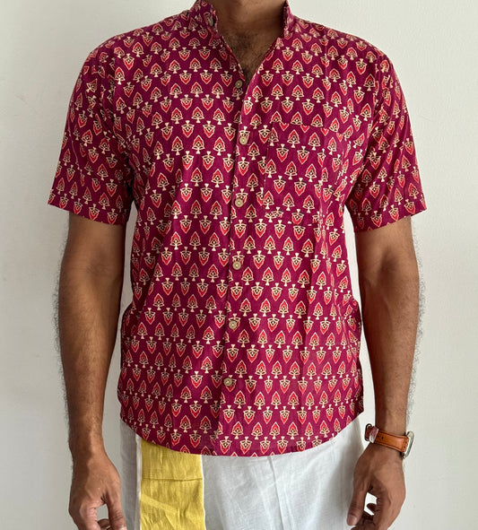 Maroon Paisley Motif Block Printed Cotton Men's Half Sleeve Mandarin Collar Kurta Shirt - YCMSEIE188