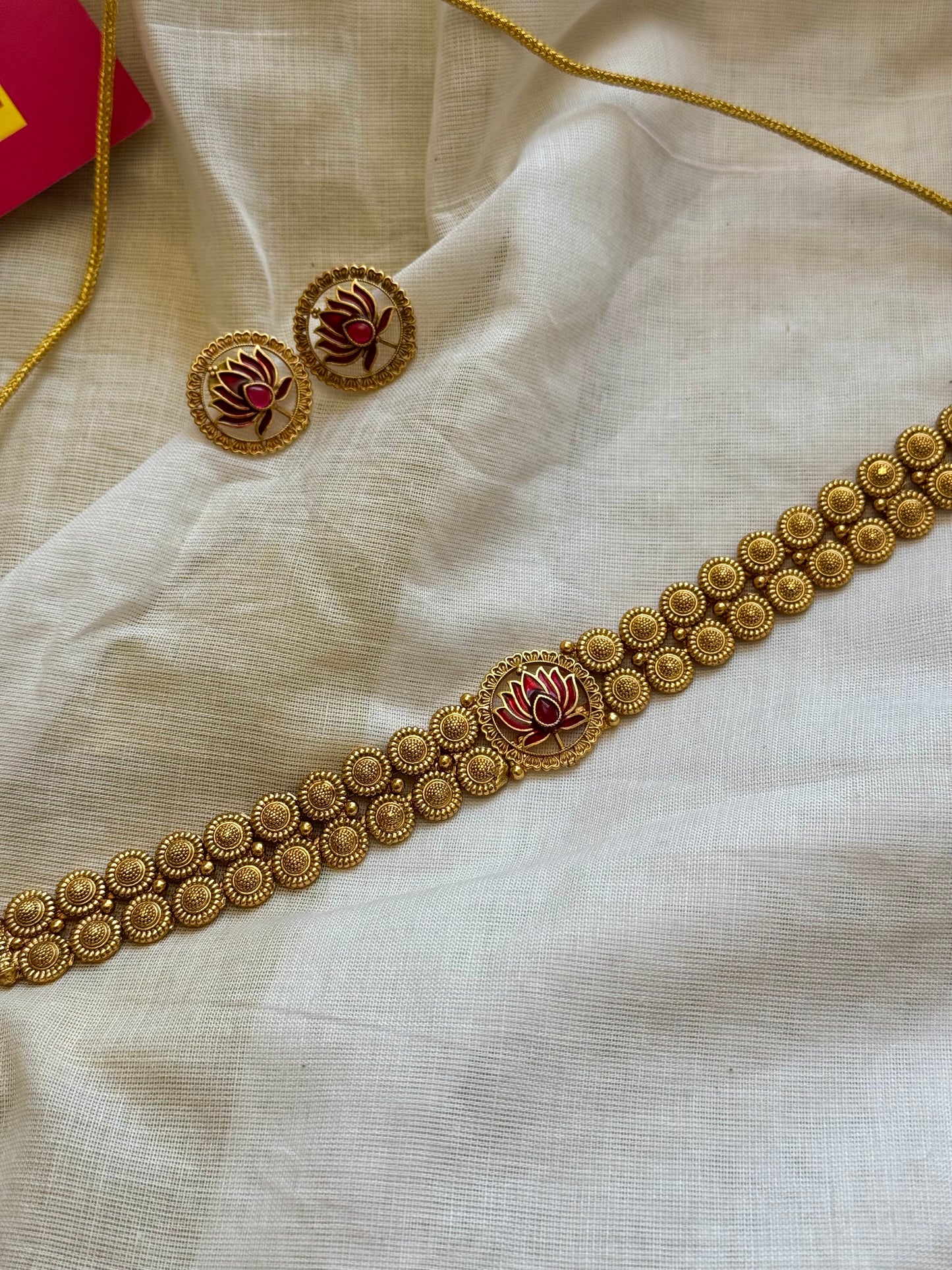 Double layered coin neckpiece with red lotus pendant, with earrings - YCGPNP624