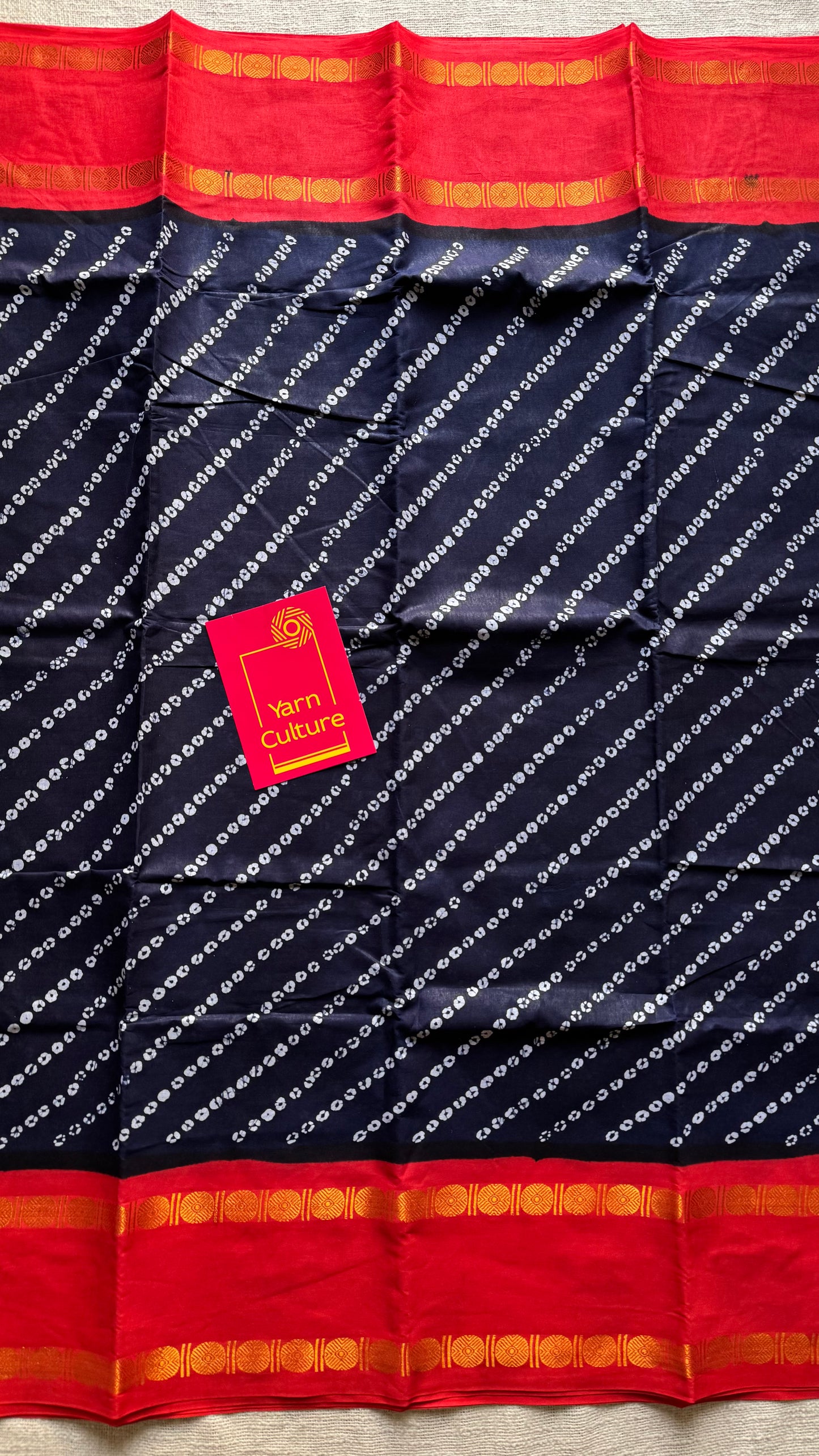 Dark navy blue with chilli red printed sungudi, madurai cotton - YCCOTNSUDE103