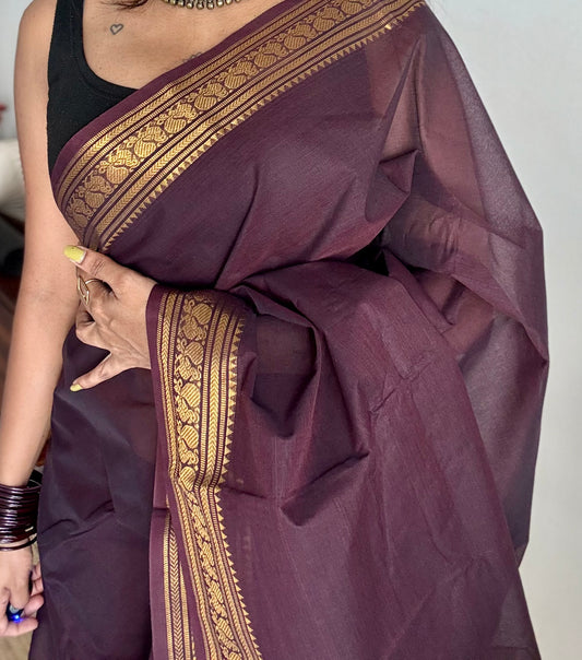 Chettinad cotton saree in brown with peacock zari motif border - YCCOTNJUCC11