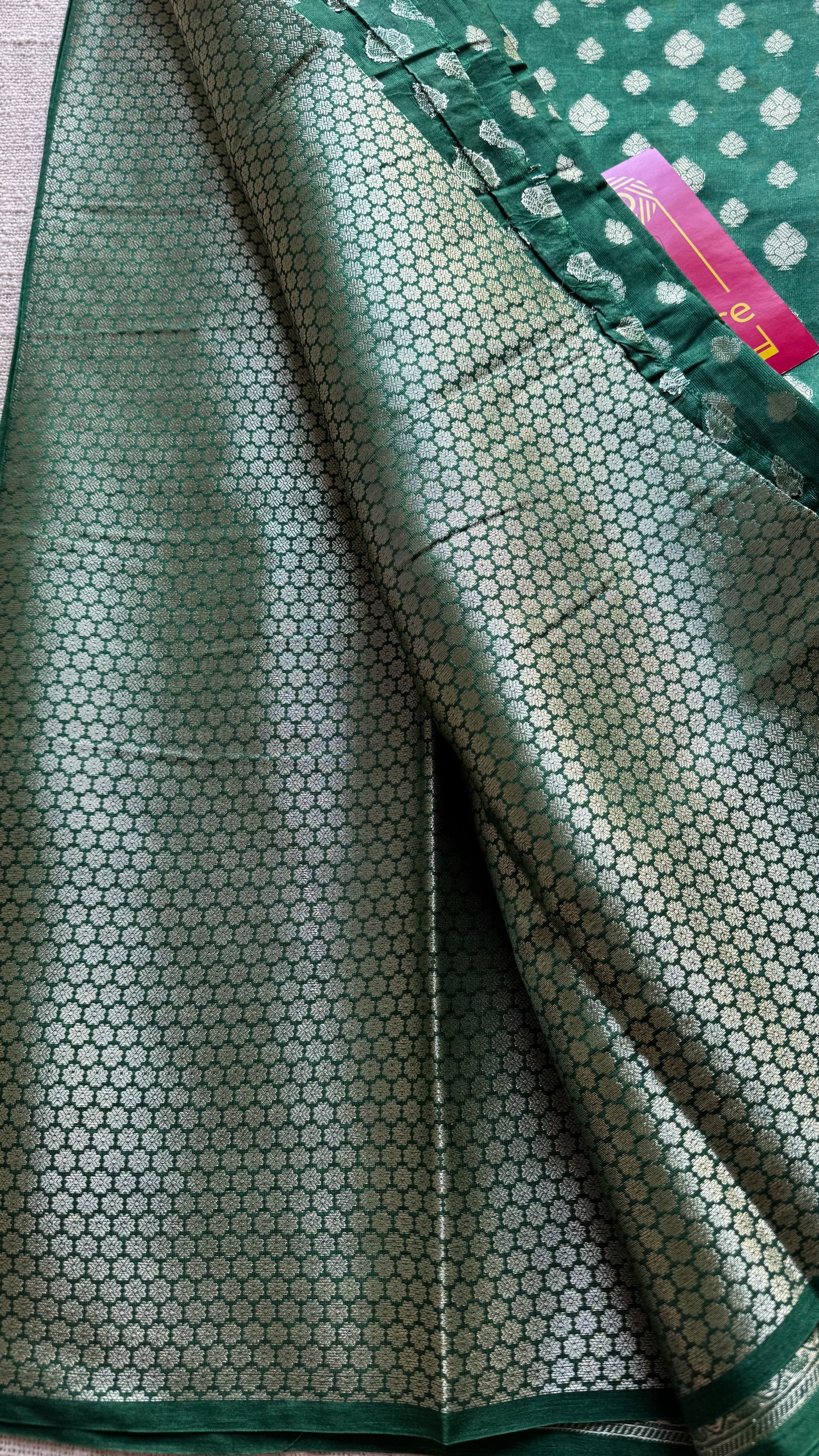 Bottle green, silver buttas and zari, Banarasi semi-silk - YCDESE40