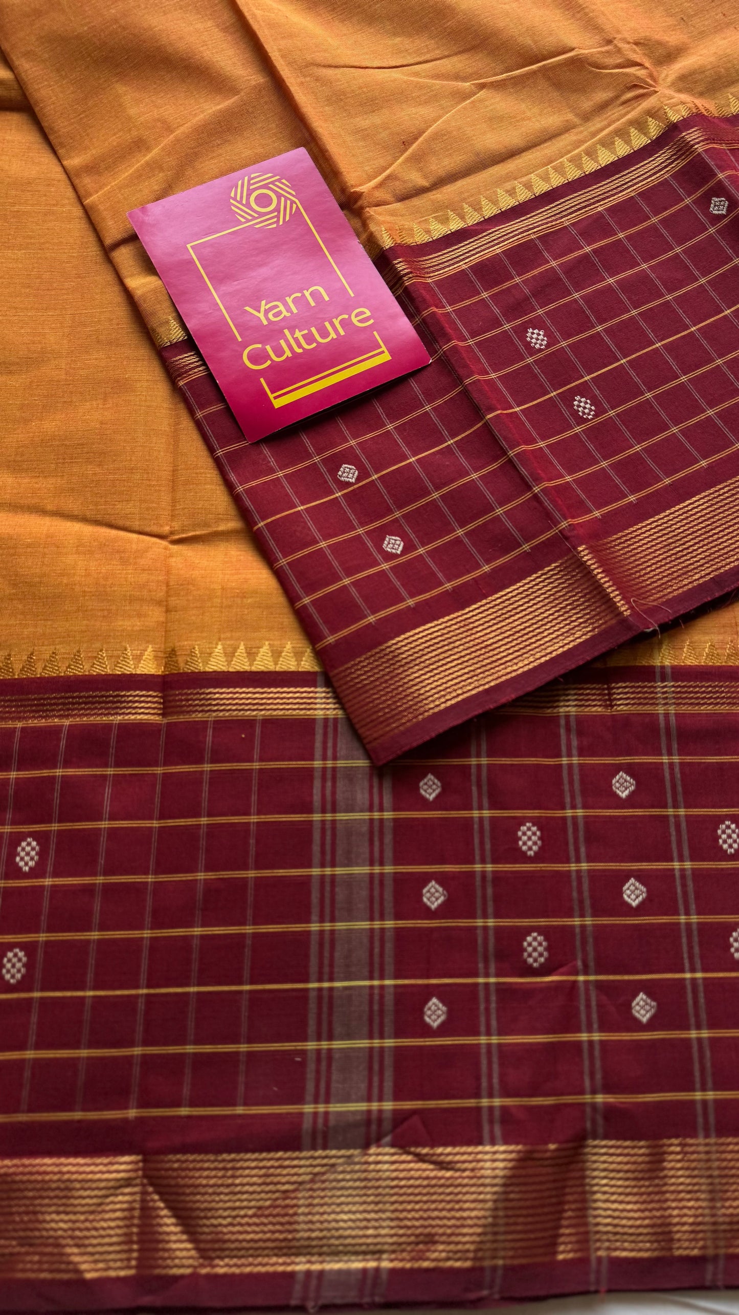Orange and dark red contrast, Chettinad cotton saree with checkered border - YCCOTNMA268