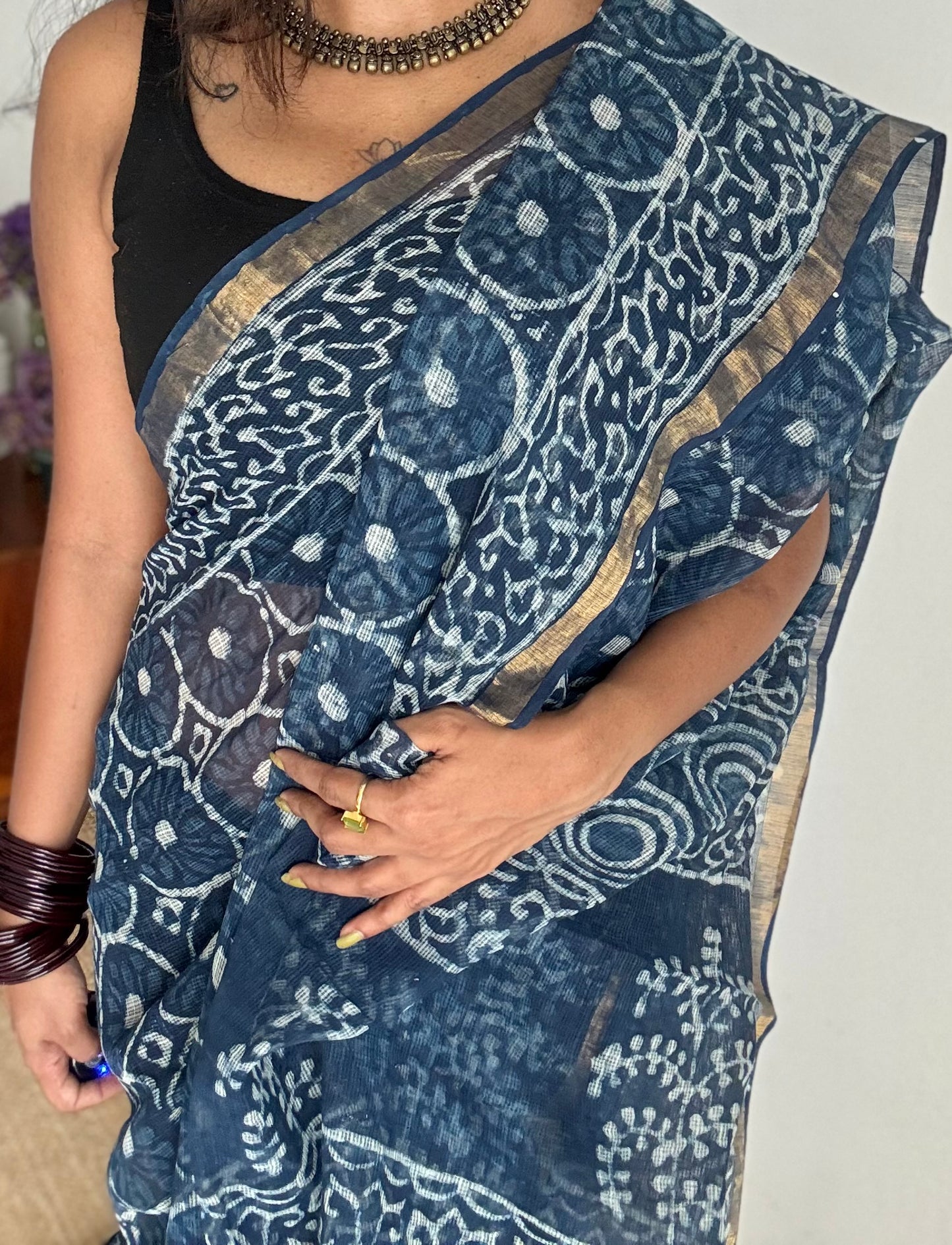 Neel Full Volume - indigo floral kota doria saree, with gold zari border - YCTORKDAP06