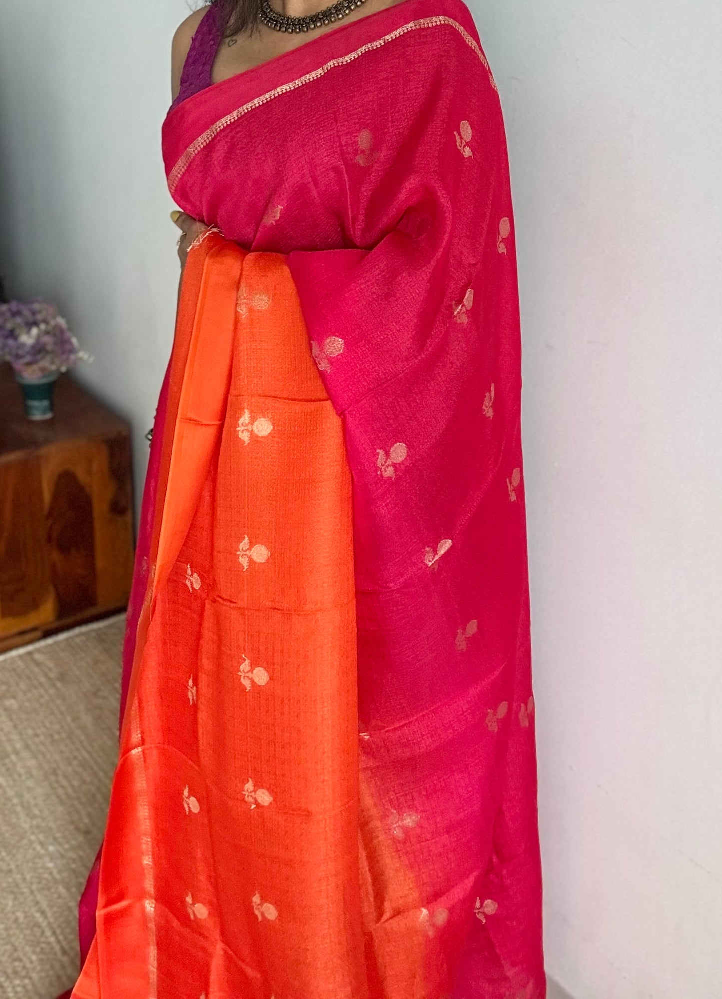 Magenta orange dual tone in viscose soft silk with satin border, jacquard zari motifs - YCDOSFE193