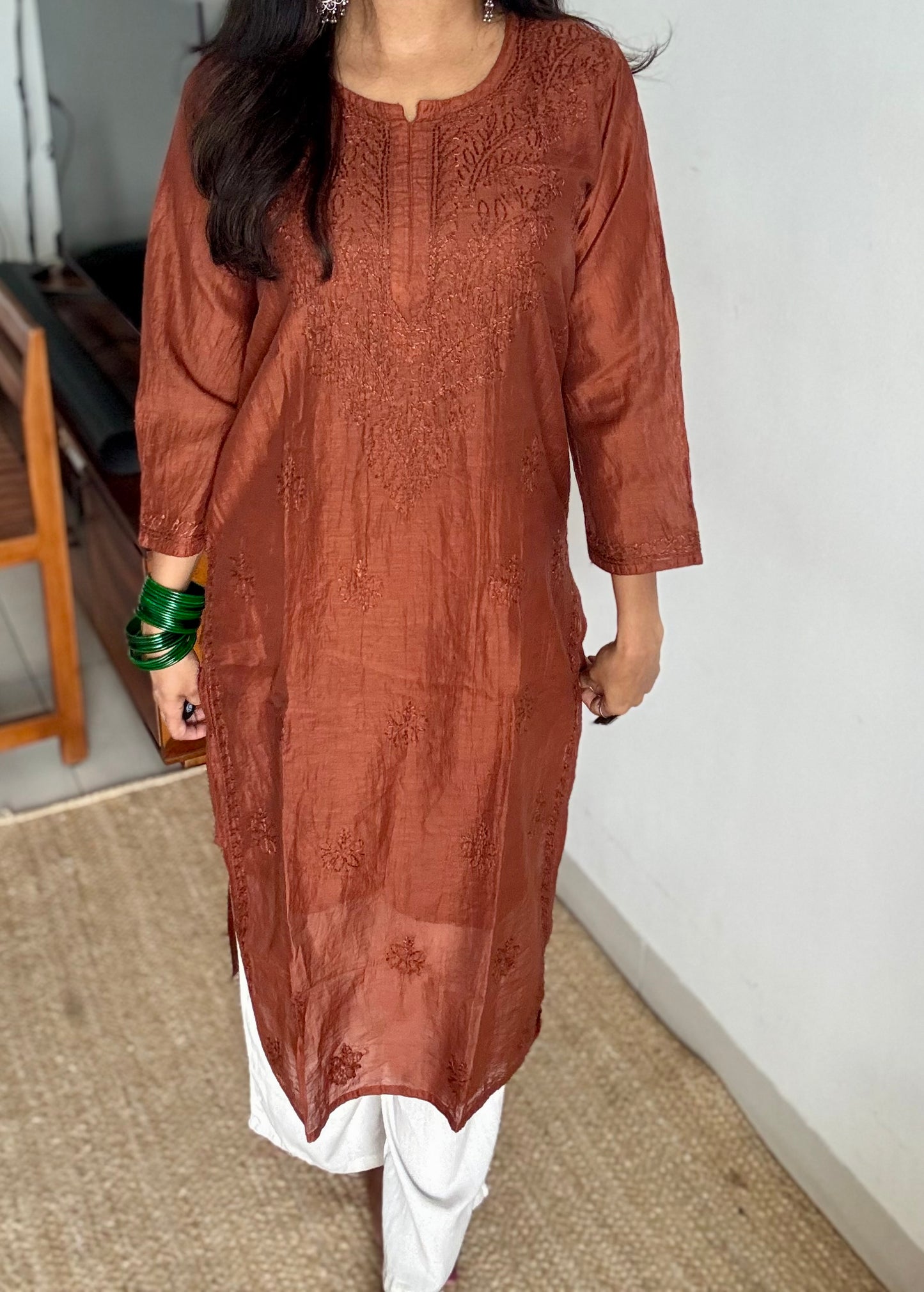 Brown muslin chanderi chikankari with bakhiya work, stitched kurta, round neck, three fourth sleeves - YCSECK29