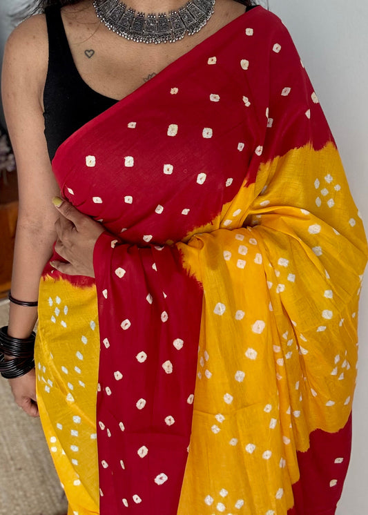 Yellow with red Sungudi/Bandhani, soft cotton - YCCOTNSEMS76