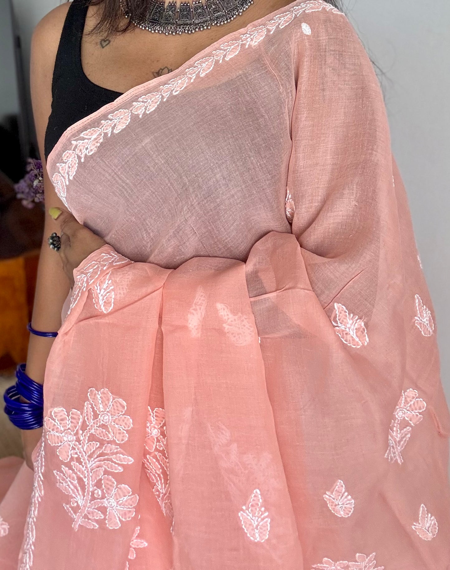 Sukun - musk, light peach hand-embroidered chikankari cotton saree - YCLCKFE425