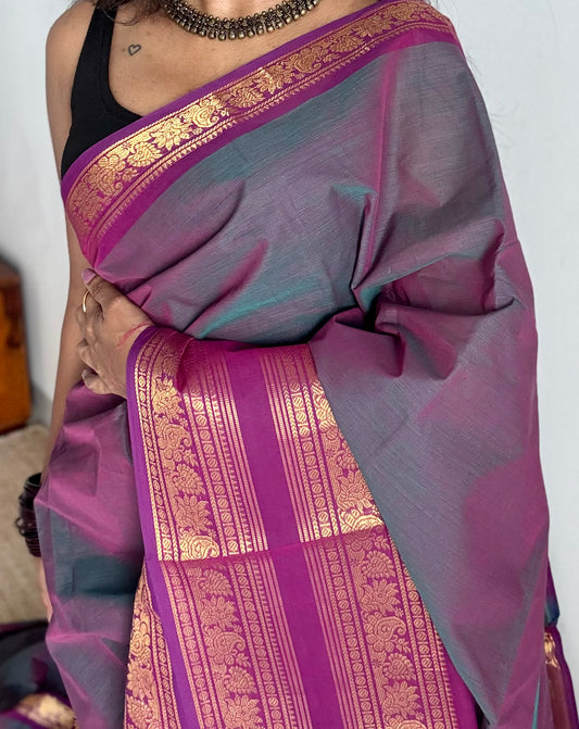 Dual tone grey with magenta, wide zari border, kanchi cotton - YCCOTNKCJA215
