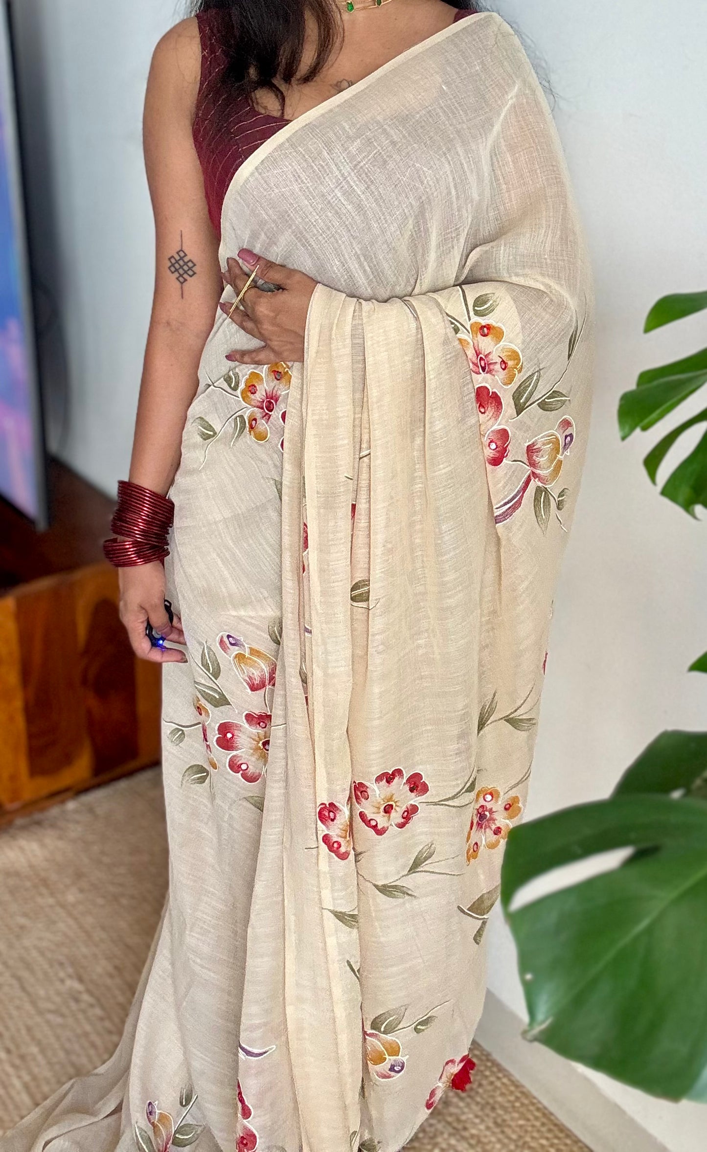 Sandal soft flowy saree, with multicoloured floral prints - YCIEON86