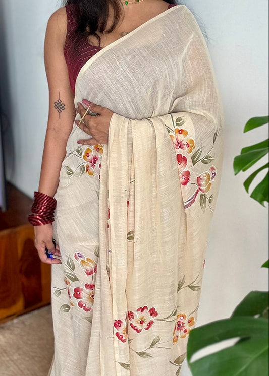 Sandal soft flowy saree, with multicoloured floral prints - YCIEON86