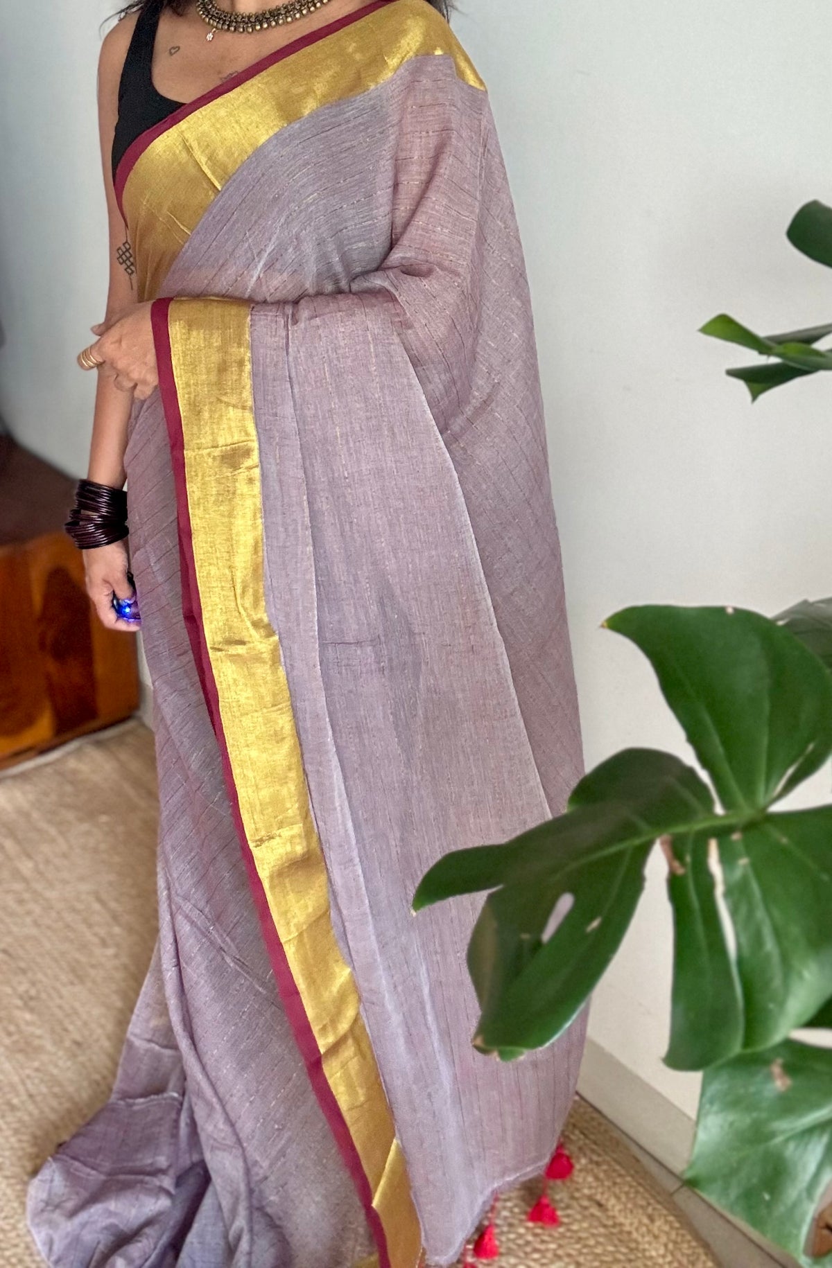Grey mul cotton saree with zari stripes and maroon highlighted border - YCBCMCSE35
