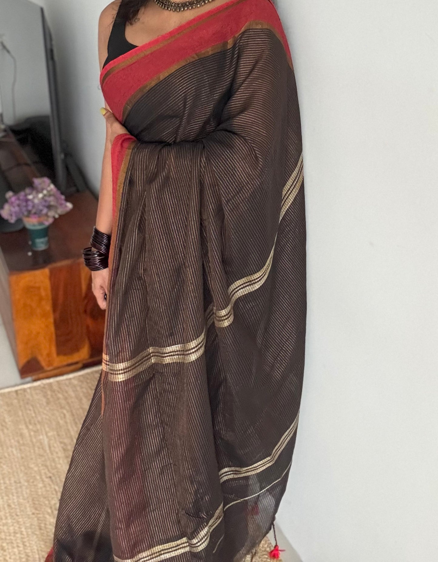 Black with red gap border, gold zari stripes, soft cotton - YCBCKCZDE133