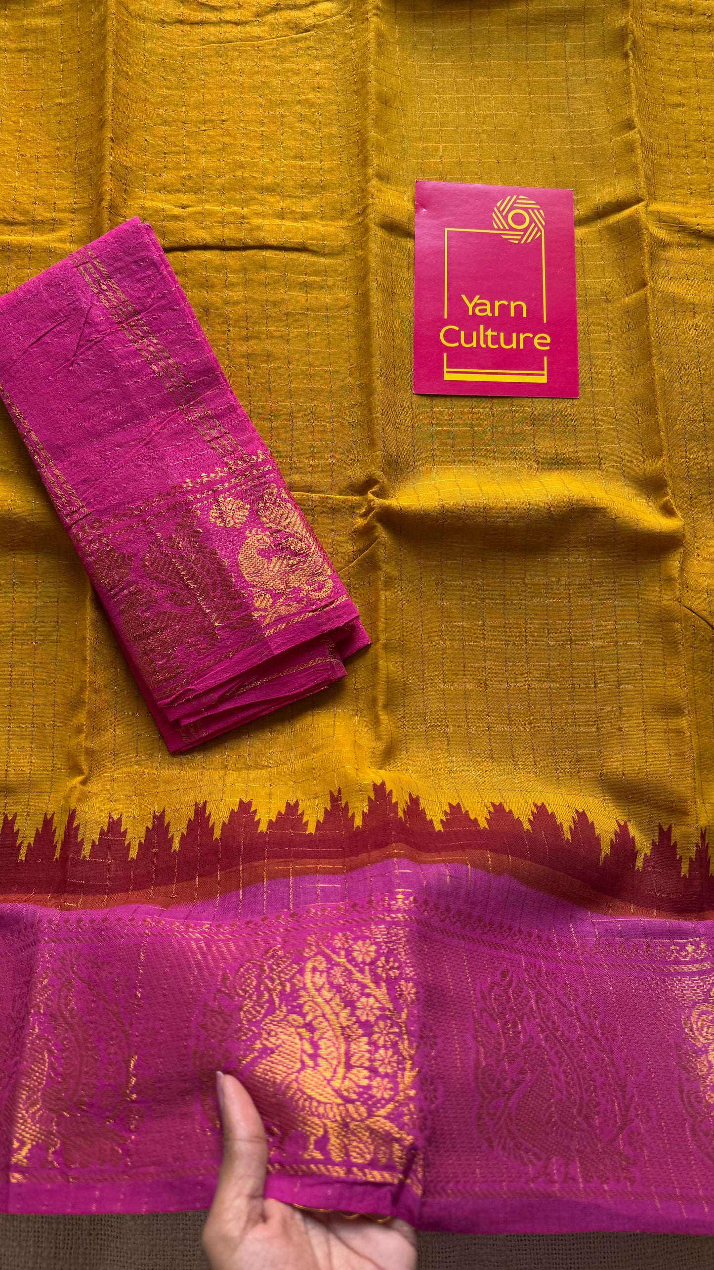 Sungudi cotton checks, mustard yellow base, turquoise and magenta dual tone border, soft cotton - YCCOTNGJJA179