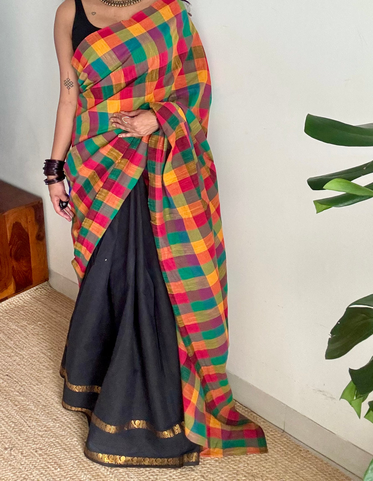 Plain black with multicoloured checks, cotton half-half saree - YCCOTNIDOC43