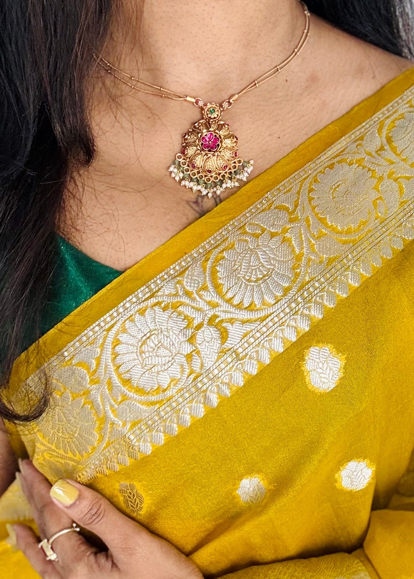 Floral ruby green pendant chain neckpiece with earrings - YCGPNP668