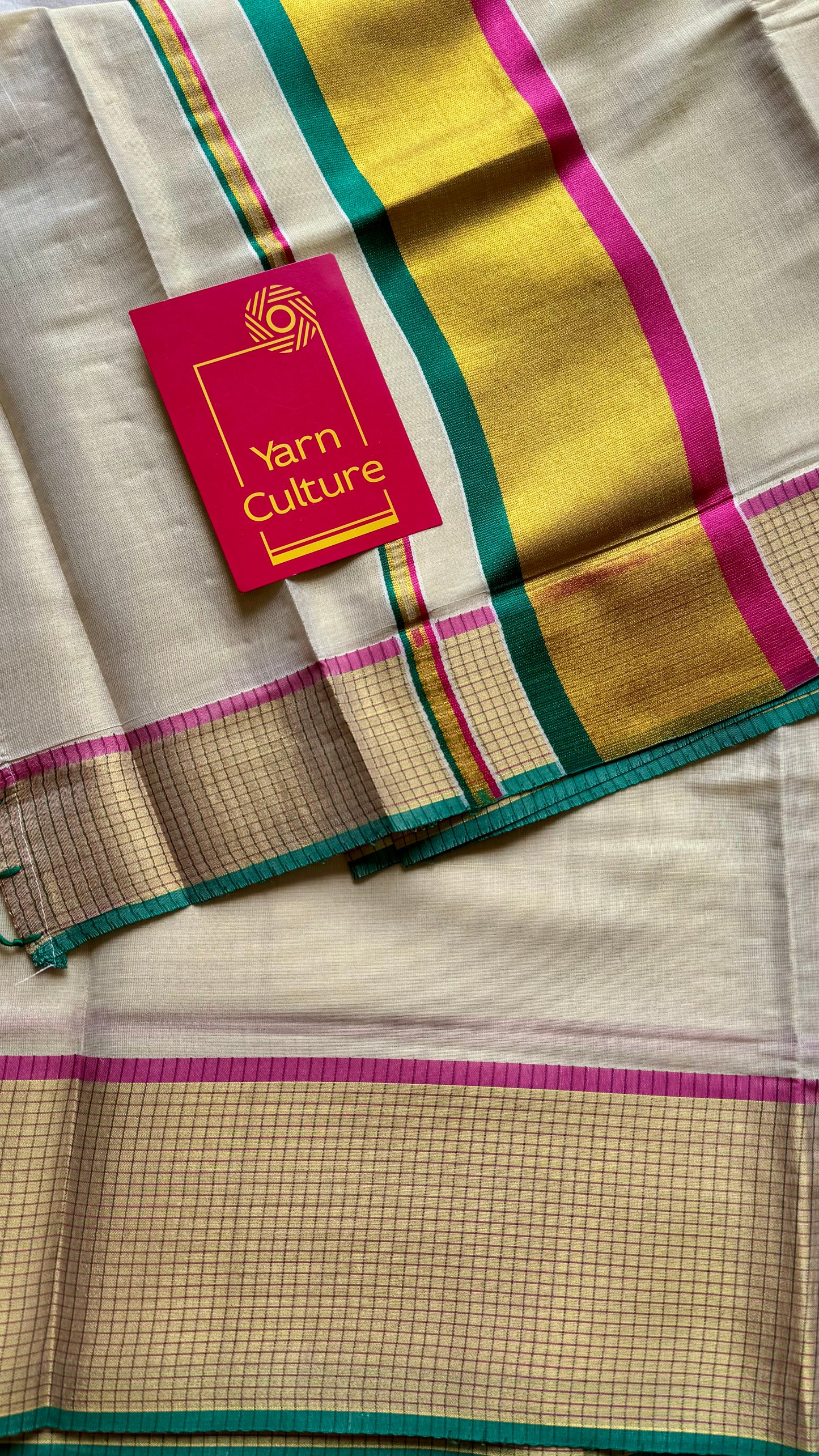 Ivory and gold soft tissue cotton saree, pink and green, checkered border - YCIEON77