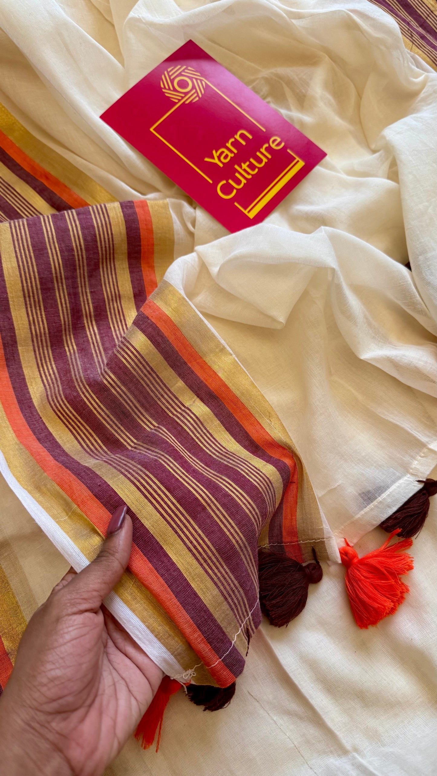 Ivory mul saree, deep maroon, orange, gold zari border - YCIEON02