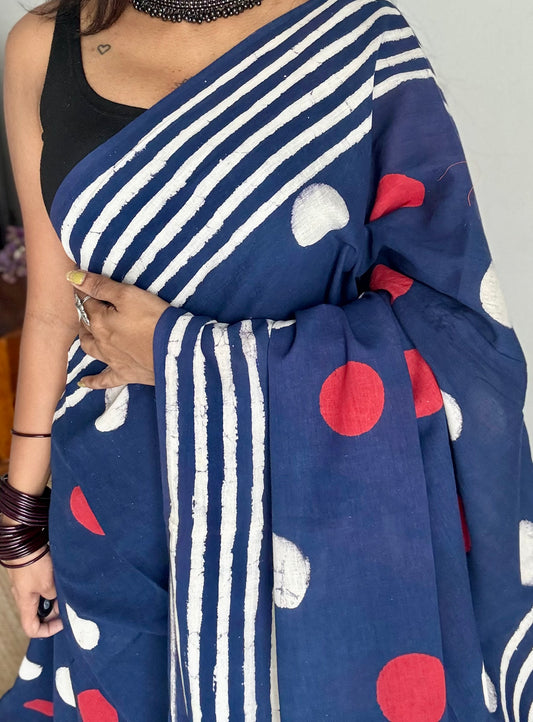 Indigo with red and white cirlce motifs, block printed soft cotton saree - YCTORCMA11