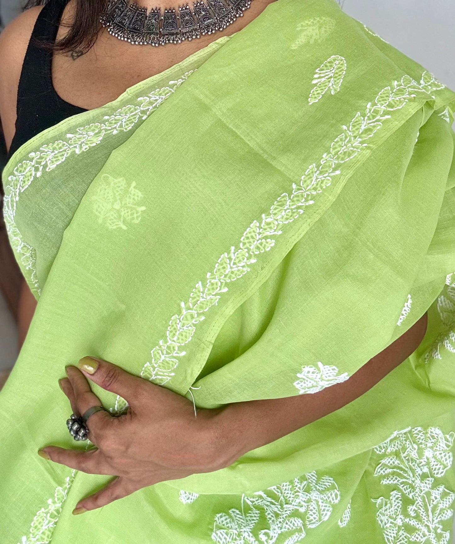 Saanjh - pista green hand-embroidered chikankari cotton saree - YCLCKFE415