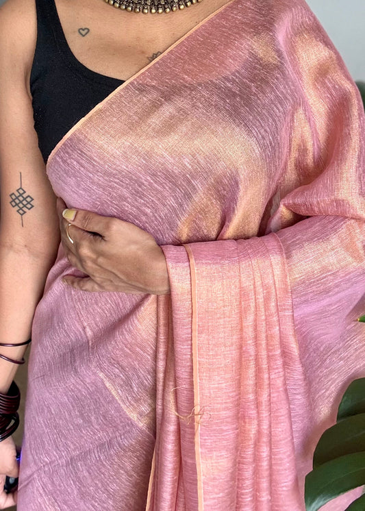 Baby pink with gold, dual tone metallic tissue linen saree - YCBCLTOC53