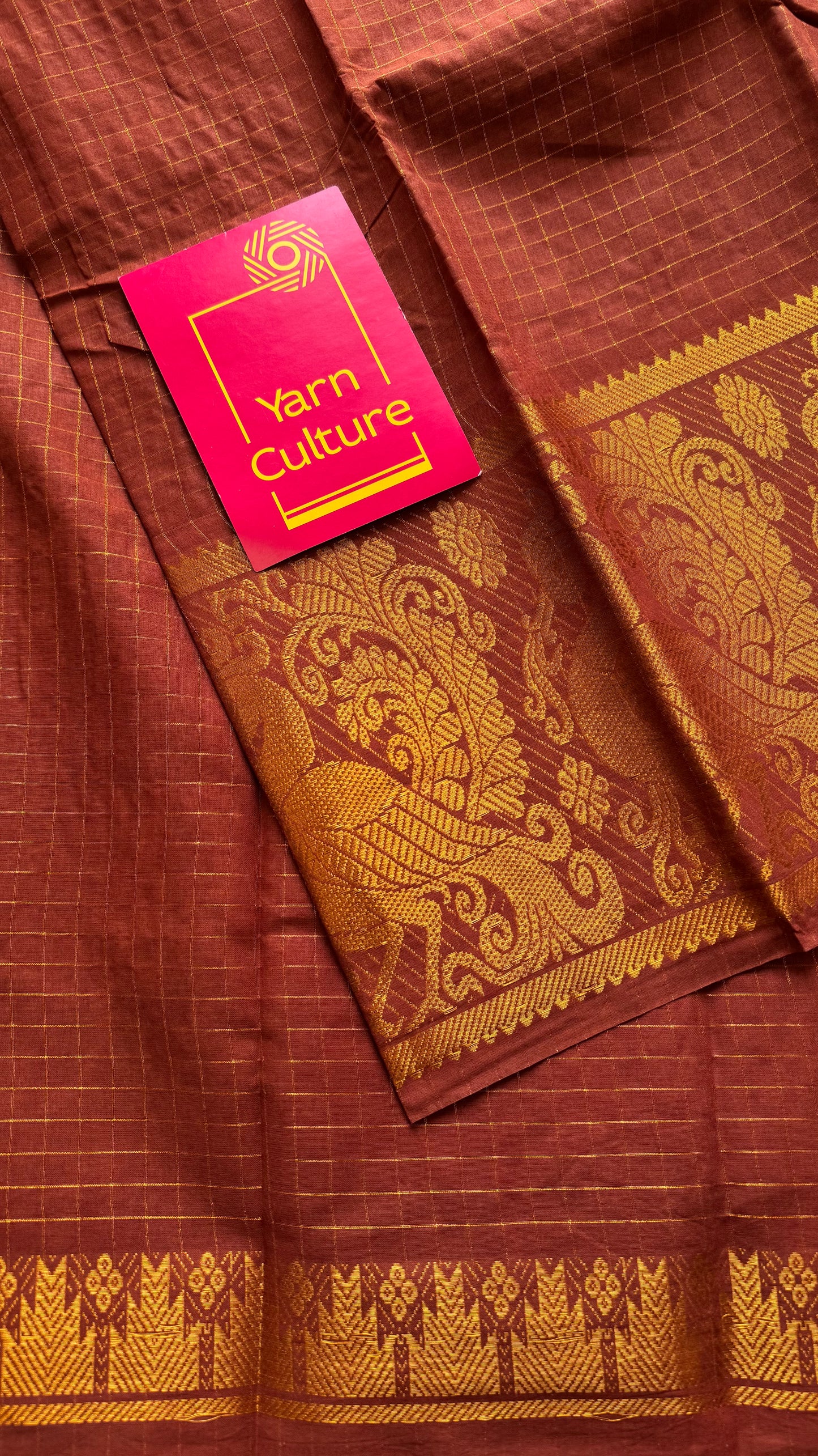 Brown with wide border, zari checkered sungudi, kattuchayam dyed madurai cotton - YCCOTNMSAP112