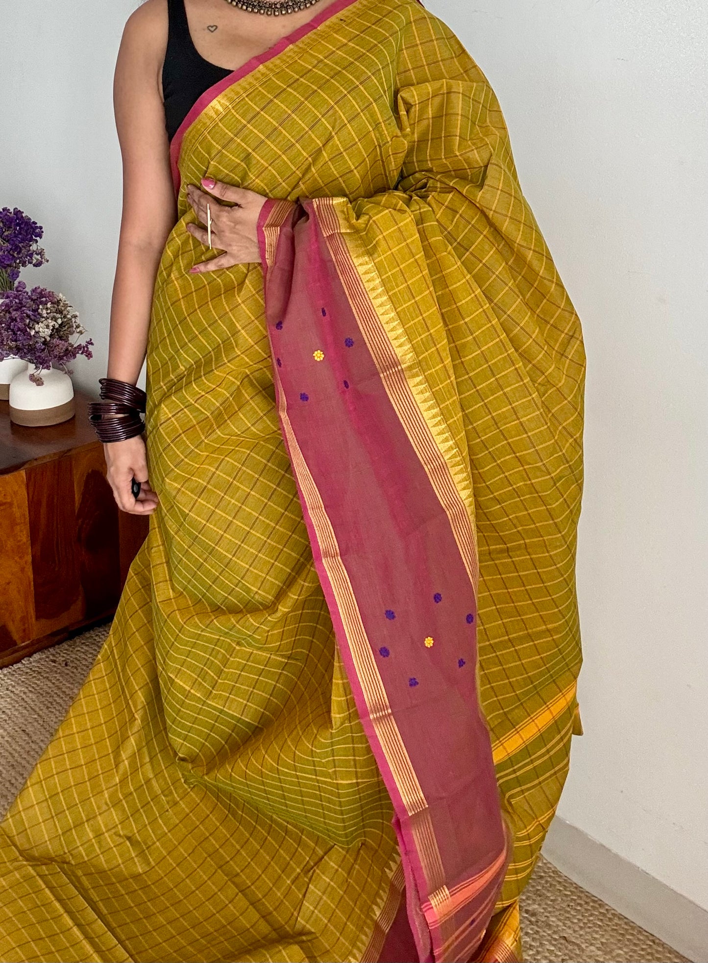 Light green and dark copper rose contrast, checkered Chettinad cotton saree - YCCOTNMA267