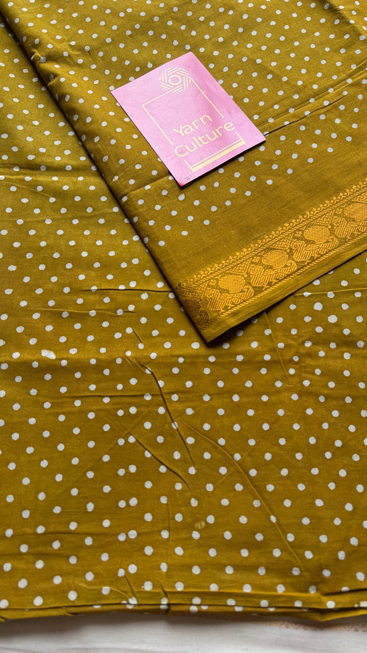 Mehendi green sungudi dotted, single-side border, kattuchayam dyed madurai cotton saree - YCCOTNMSSE07