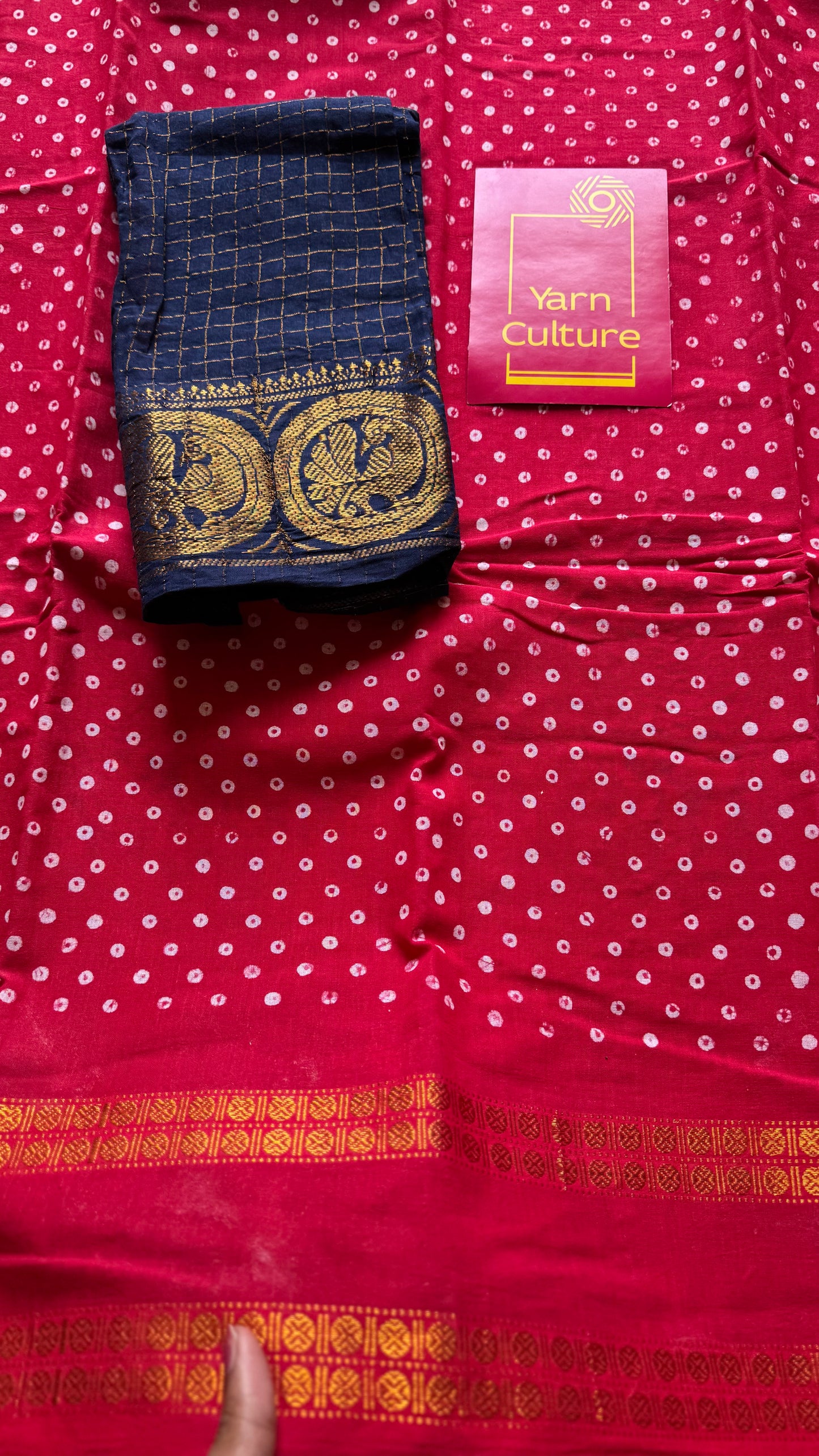 Red, wax dot printed sungudi, kattuchayam dyed madurai cotton - YCCOTNMSAP153
