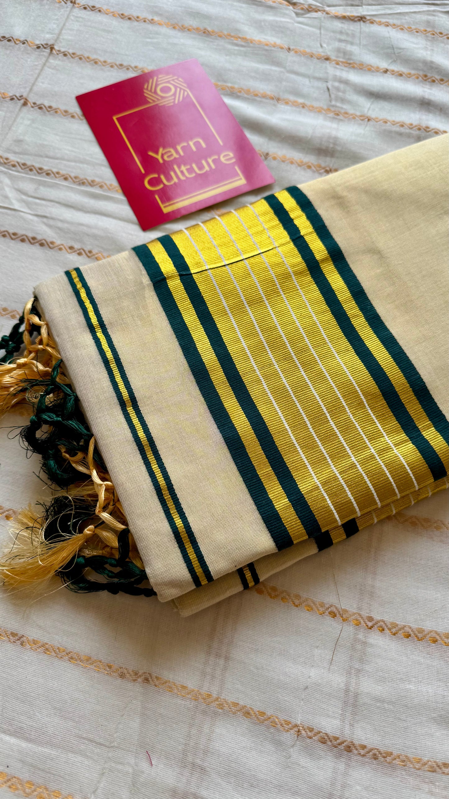 Ivory and gold kerala kasavu saree, dark green temple border - YCIEON47