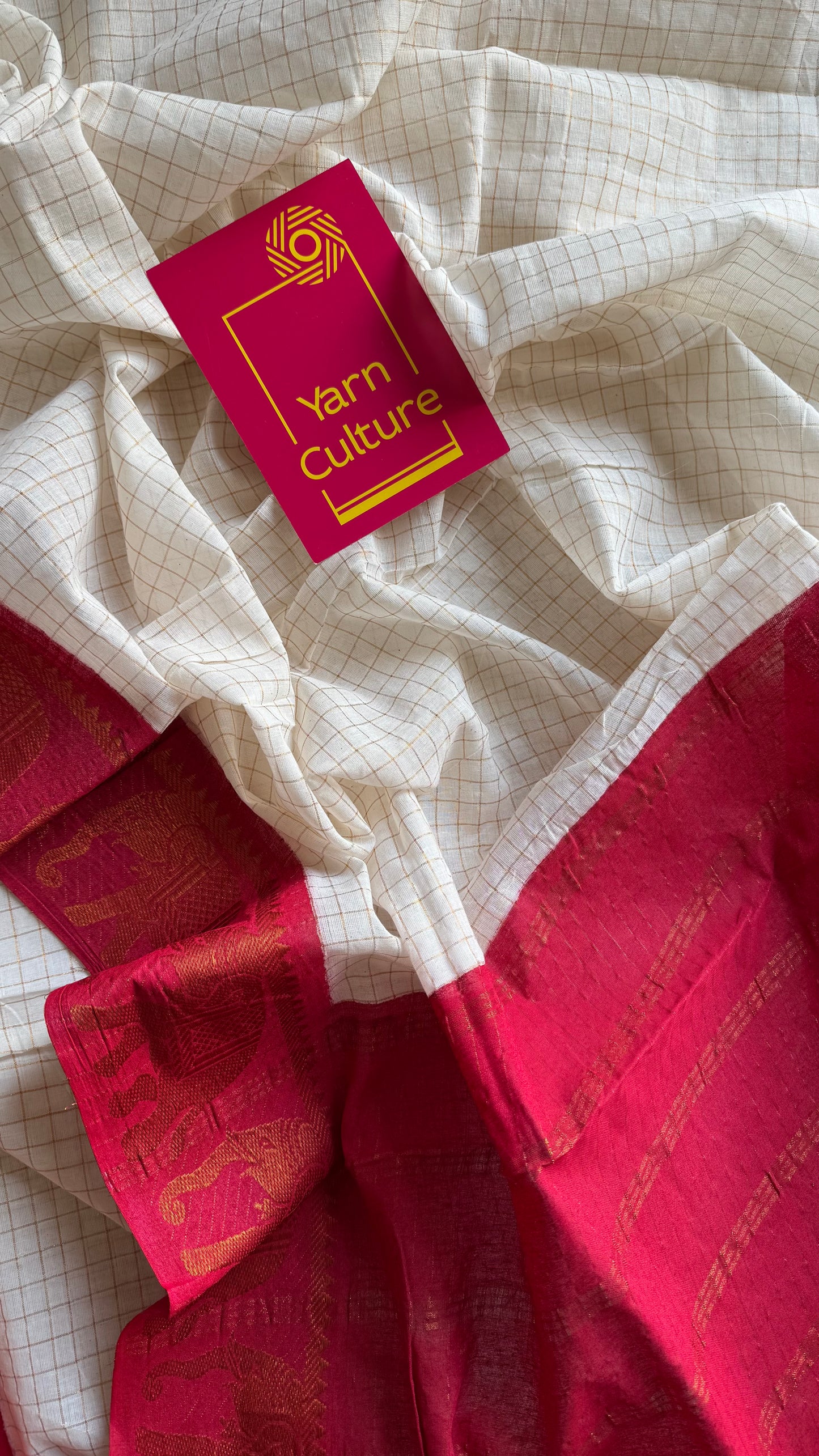 Sungudi cotton checks, ivory base, red border with elephant motifs, soft cotton - YCCOTNMSJA182