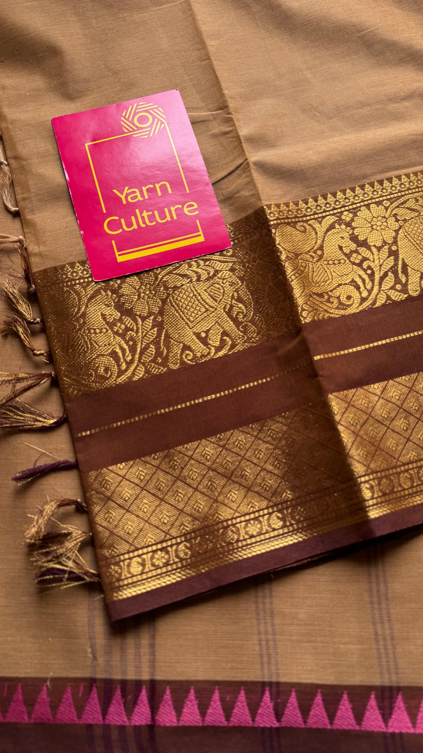Light brown with dark brown, single side broad zari border, chettinad cotton - YCCOTNAUC56