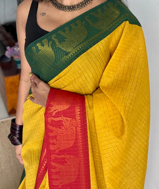 Sungudi cotton checks, yellow base, red and dark green border with elephant motifs, soft cotton - YCCOTNGJJA171