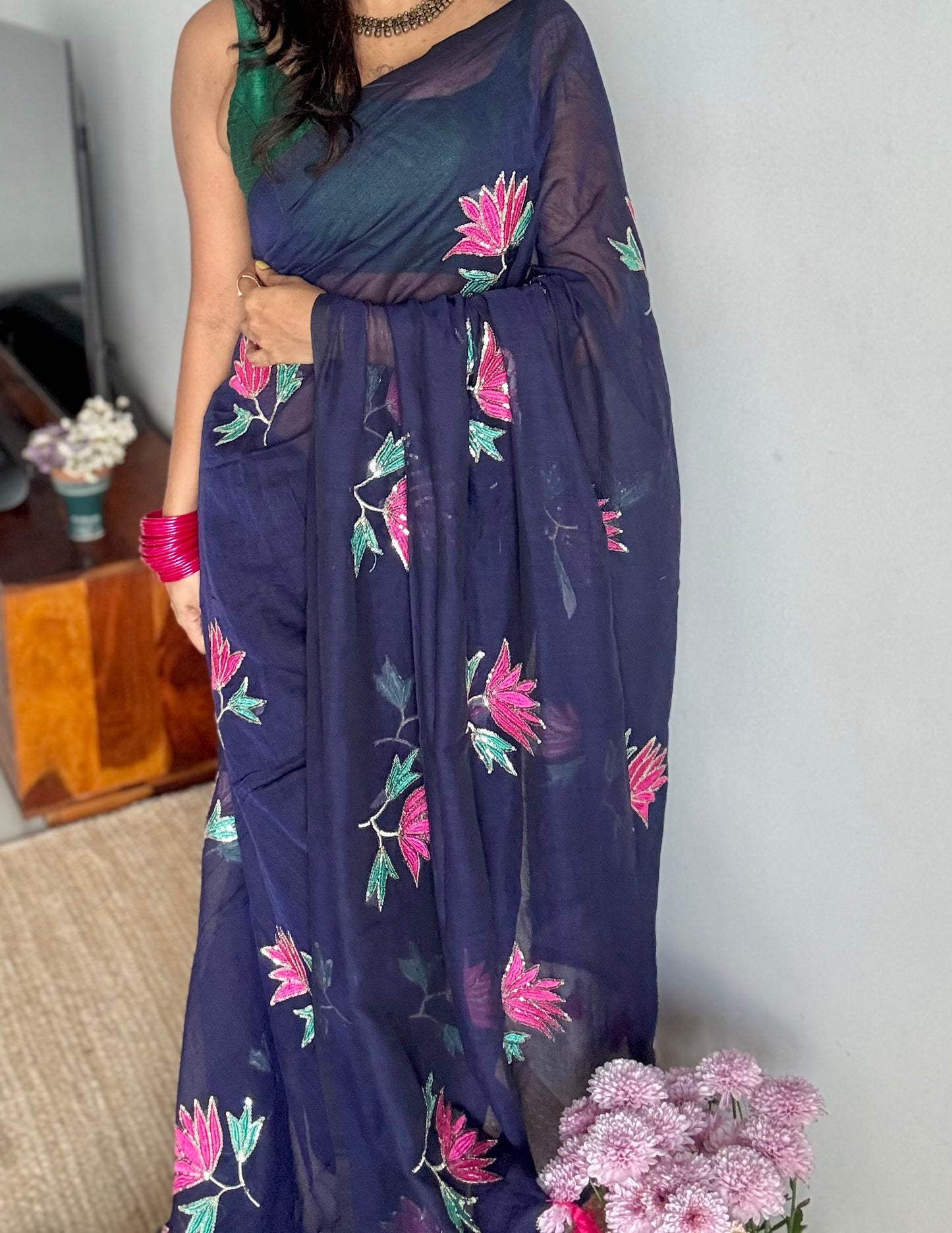 Dark blue mul with lotus sequin embroidery - YCBCMCNO66