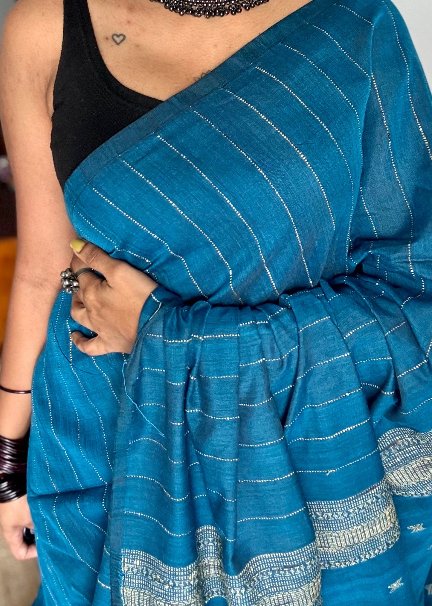 Peacock blue, bhujodi patterned soft khadi cotton saree - YCBCKCDE21