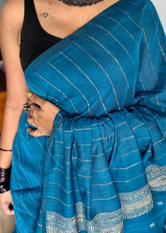 Peacock blue, bhujodi patterned soft khadi cotton saree - YCBCKCDE21