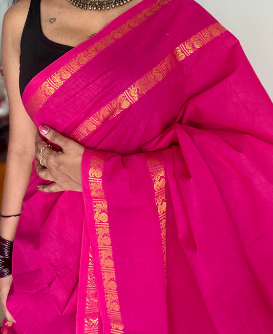 Hot pink rettaipettu peacock gap border, kattuchayam dyed madurai cotton saree  - YCCOTNMSAP101