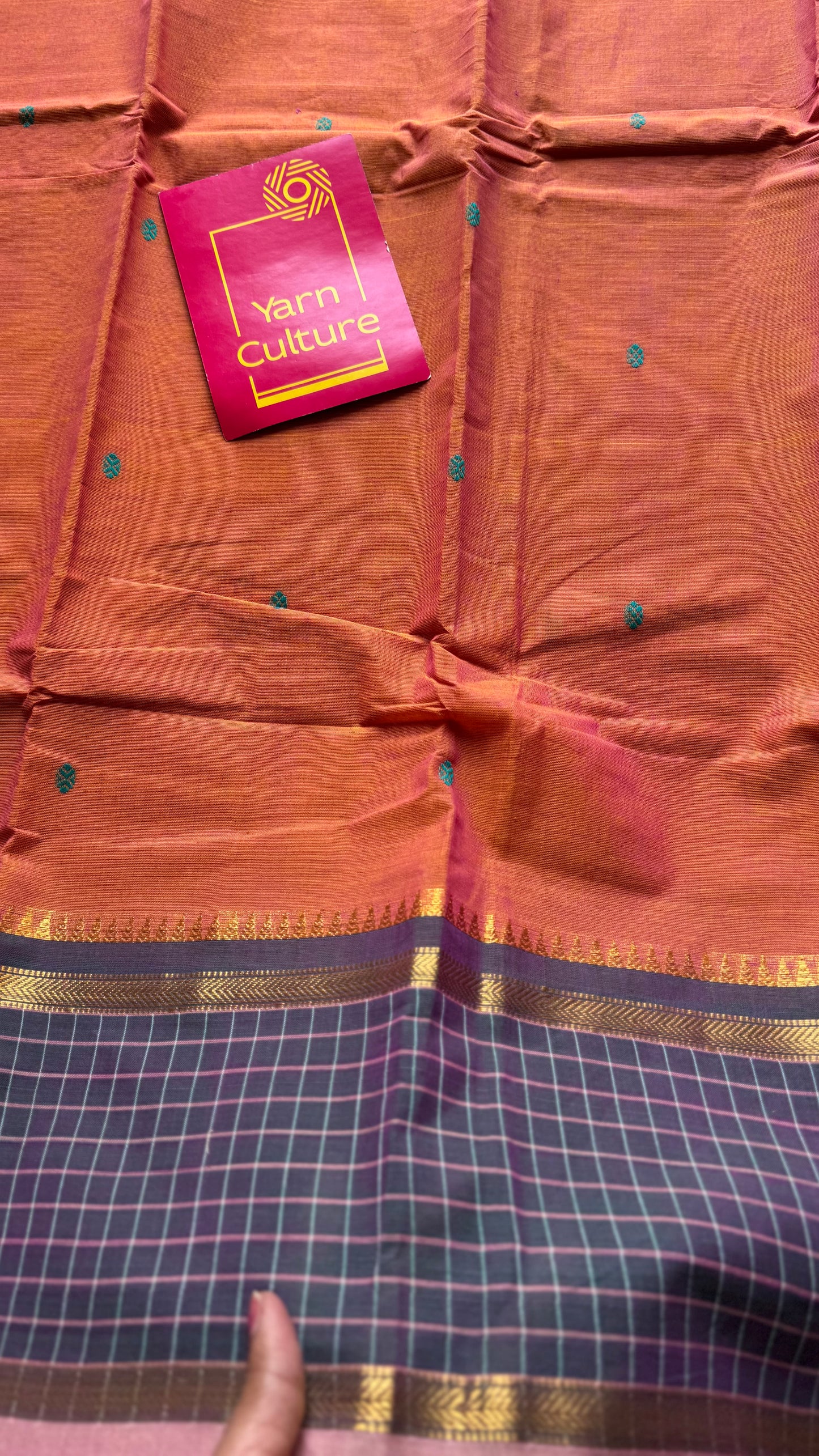Orange pink dual tone and dark greyish blue contrast, Chettinad cotton saree with checkered border - YCCOTNMA273
