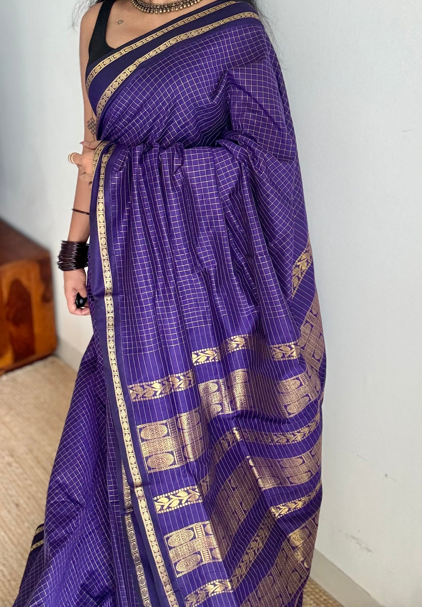 Purple, arani zari checks saree, cotton silk - YCCOTNAUG13