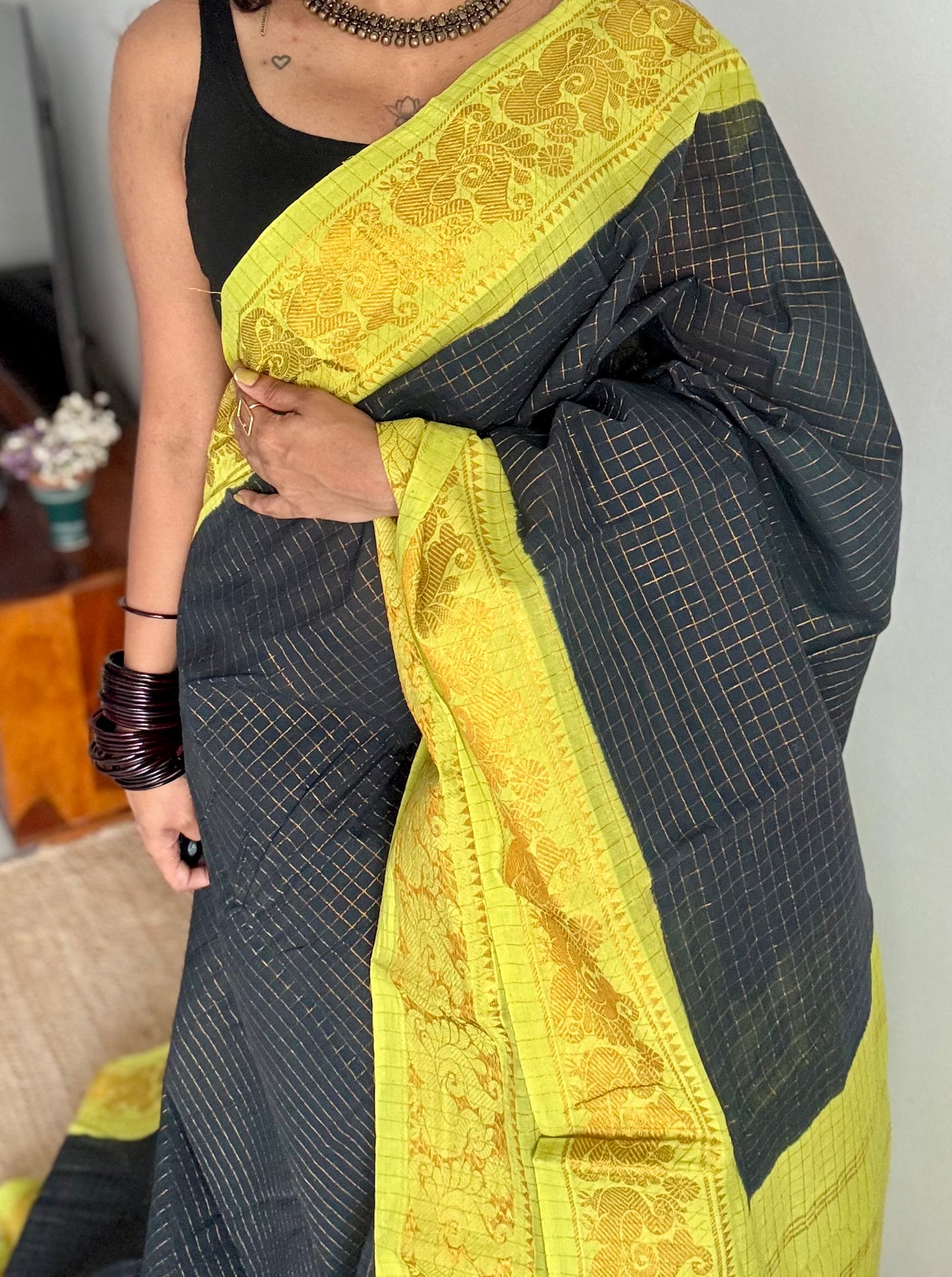 Black with lime green checkered sungudi, madurai cotton - YCCOTNSUDE44