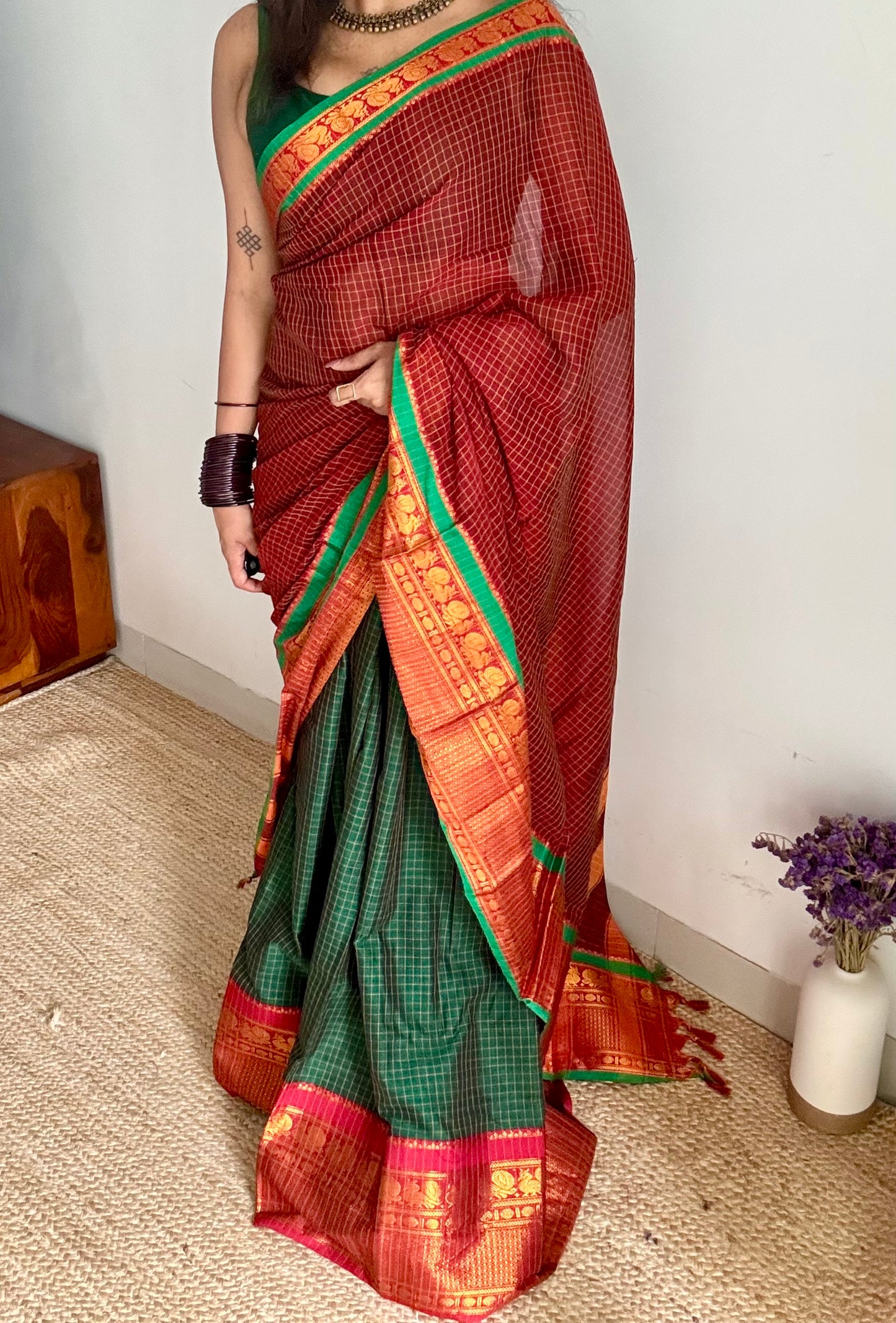 Green - Maroon unstitched half saree material (dhavani), narayanpet cotton - YCIEHS218