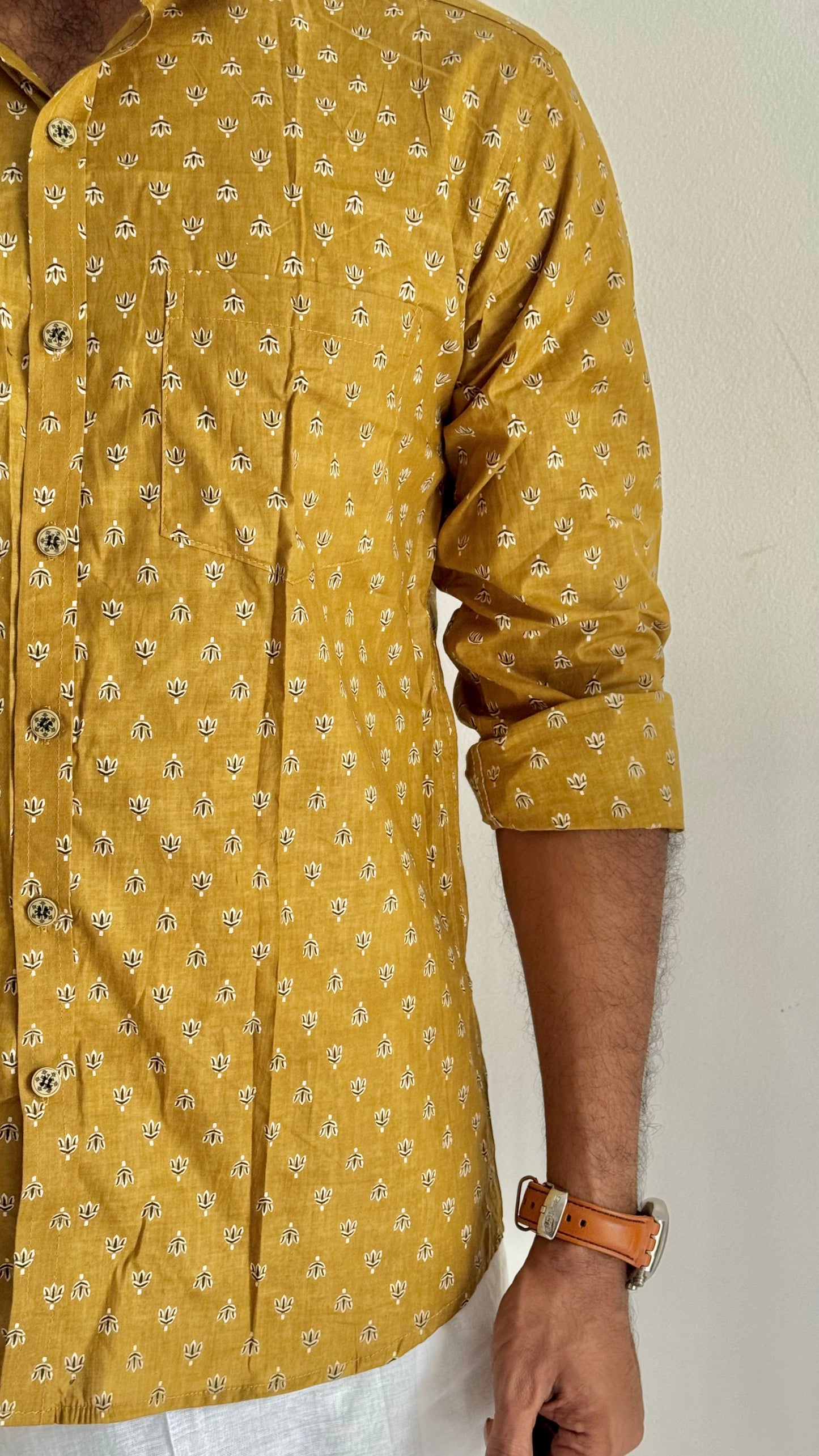 Mehendi Green Lotus Motif Block Printed Cotton Men's Full Sleeve Collared Shirt - YCMSEIE202