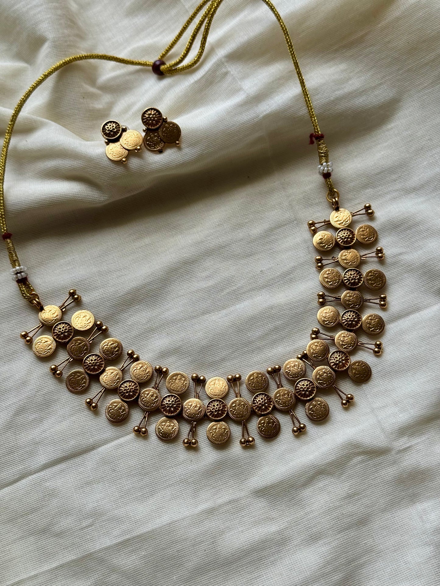 Antique gold three layered coin choker neckpiece, with earrings  - YCAGNP260