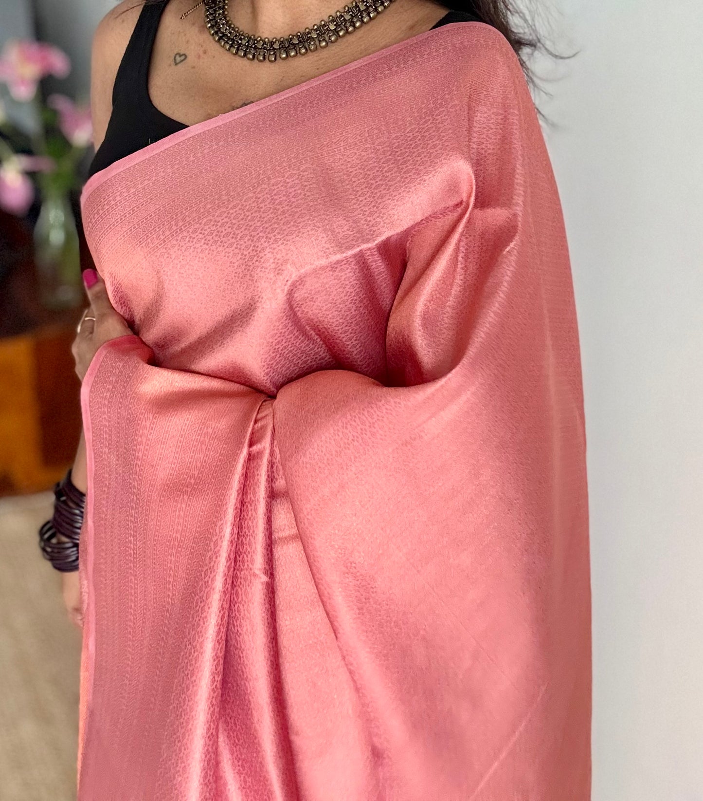 Peach, antique gold zari, semi -silk - YCDOSOCSS02