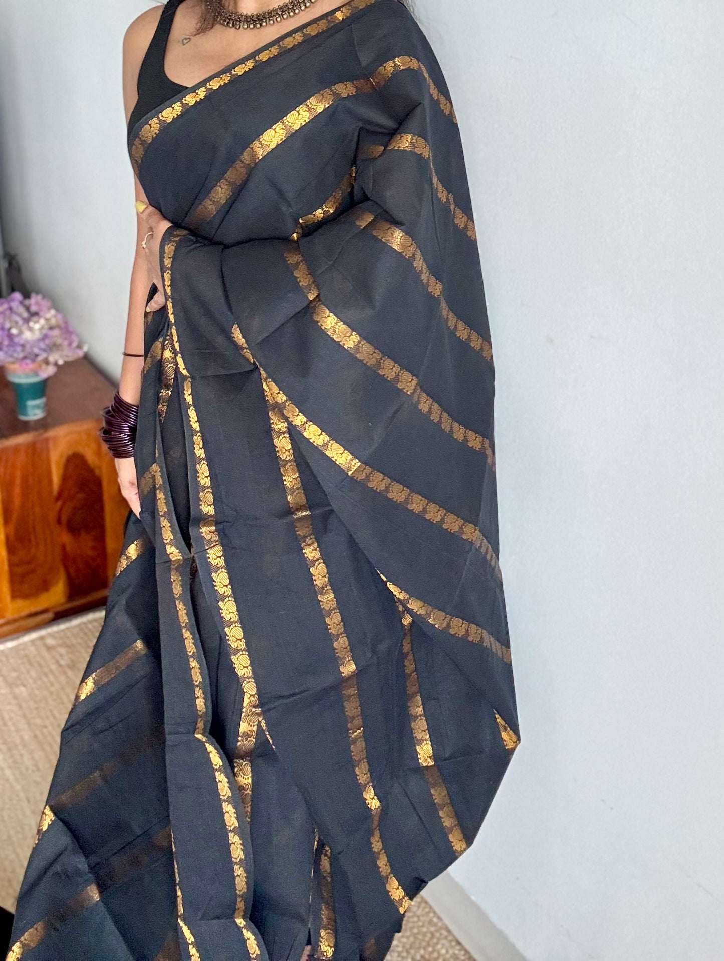 Black with multi peacock motif lines, kattuchayam dyed sungudi cotton - YCCOTNMSFE260